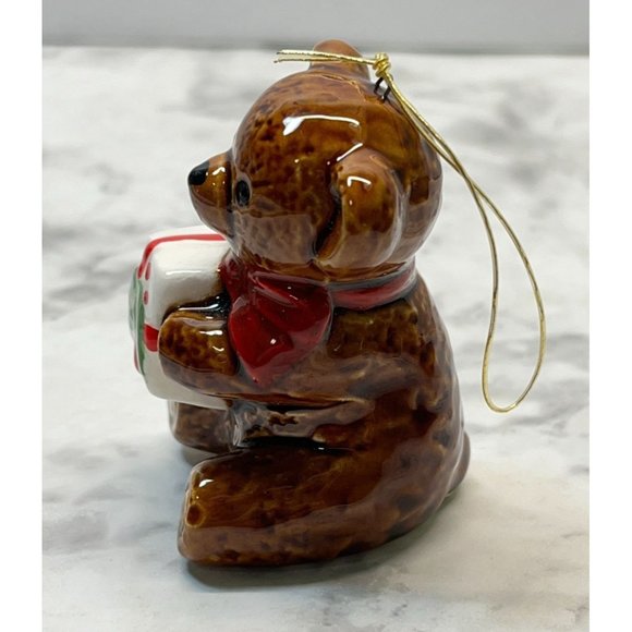 Vintage Teddy Bear Christmas Tree Ornament Ceramic Japan Holding Gift - Picture 6 of 7